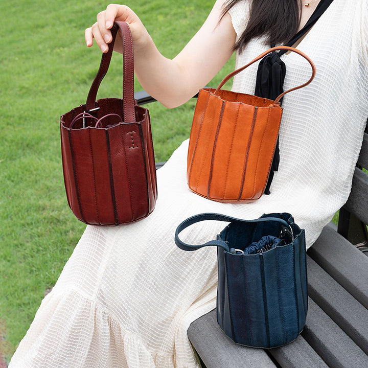Sac seau à Panneaux Verticaux en Cuir Végétal Tanné, Sac à Bandoulière et à Main en 7 Couleurs