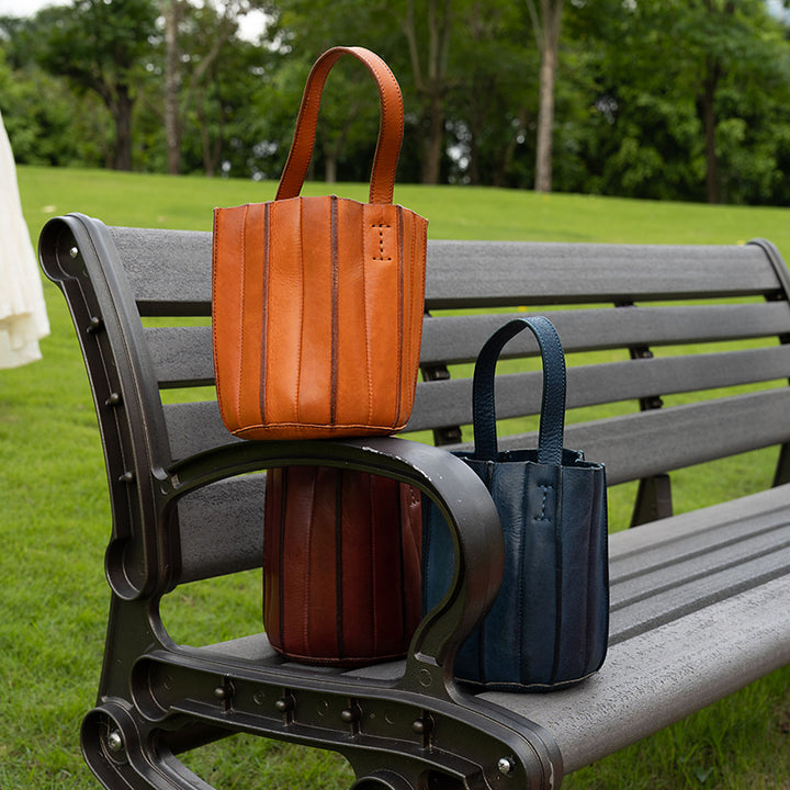 Sac seau à Panneaux Verticaux en Cuir Végétal Tanné, Sac à Bandoulière et à Main en 7 Couleurs