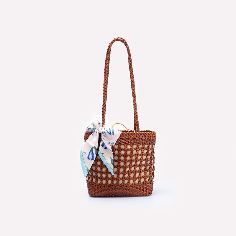 Sac à Épaule en Cuir de Vache Tissé Fait Main en Brun/Blanc