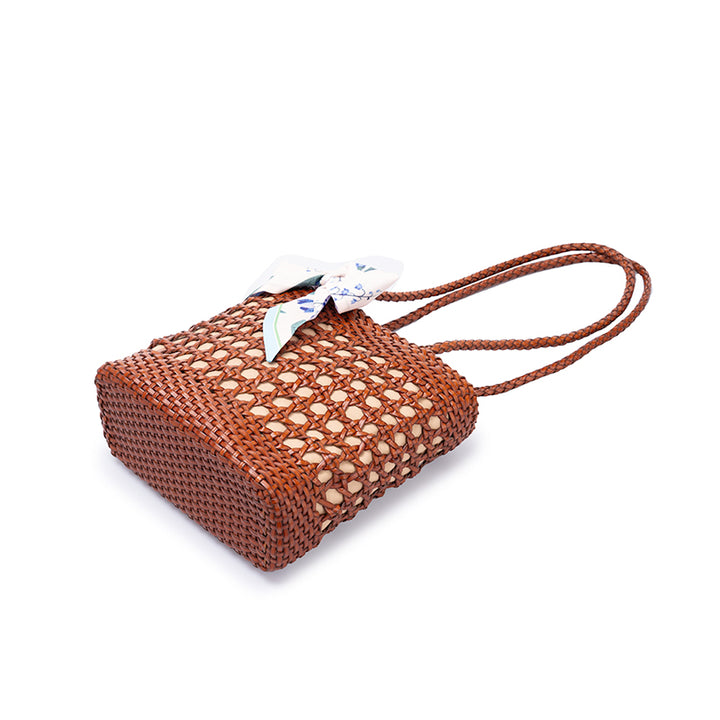 Sac à Épaule en Cuir de Vache Tissé Fait Main en Brun/Blanc