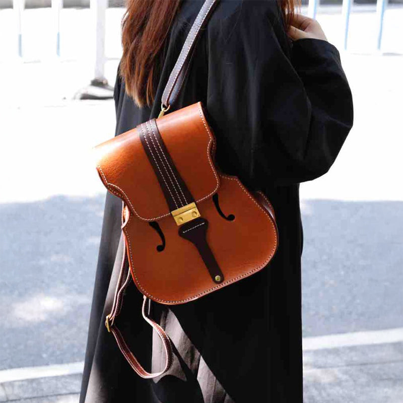 Sac à Dos en Cuir Végétal Tanné en Forme de Violon Fait Main en Brun
