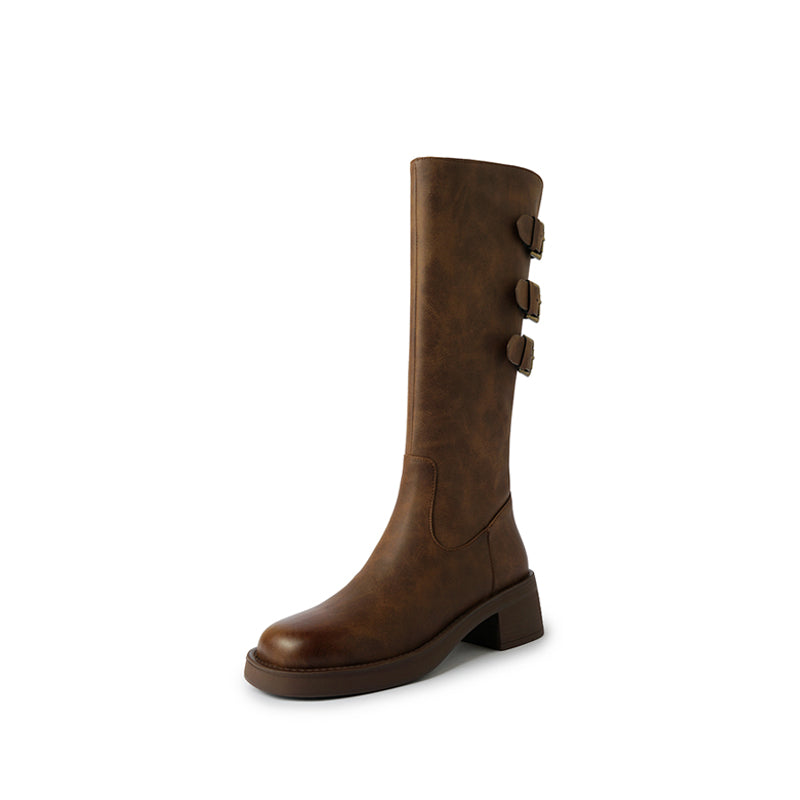 Bottes de moto en cuir mi-mollet vintage pour femmes avec design à triple boucle en noir/marron