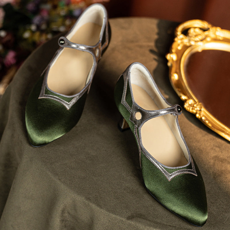 Pompes Mary Jane vintage de 50 mm faites à la main pour femmes, satin et cuir bicolores en doré/vert olive