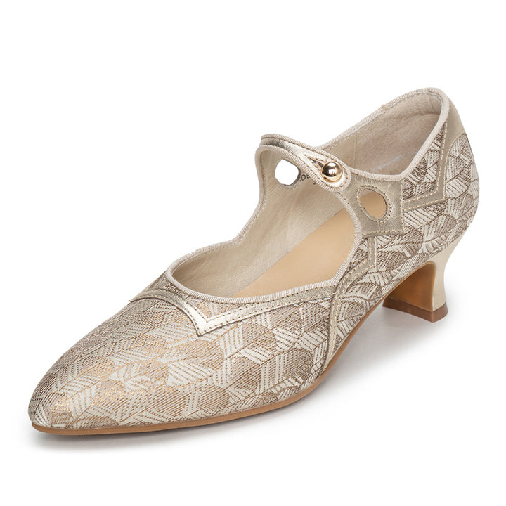 Pompes Mary Jane vintage de 50 mm faites à la main pour femmes, satin et cuir bicolores en doré/vert olive