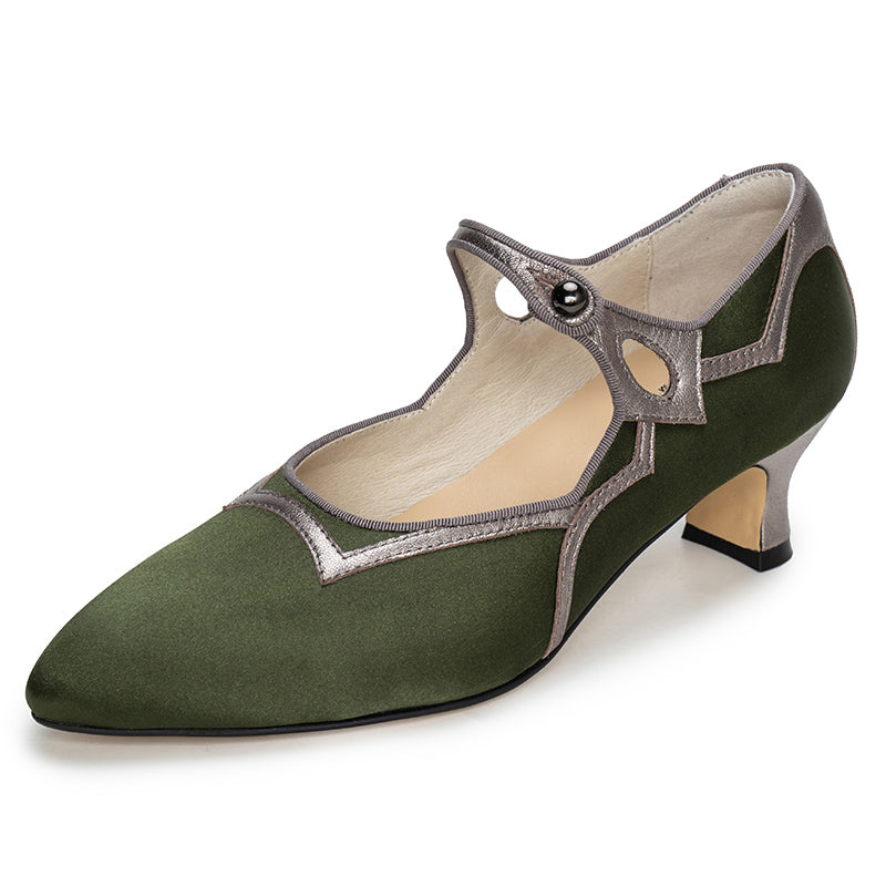 Pompes Mary Jane vintage de 50 mm faites à la main pour femmes, satin et cuir bicolores en doré/vert olive