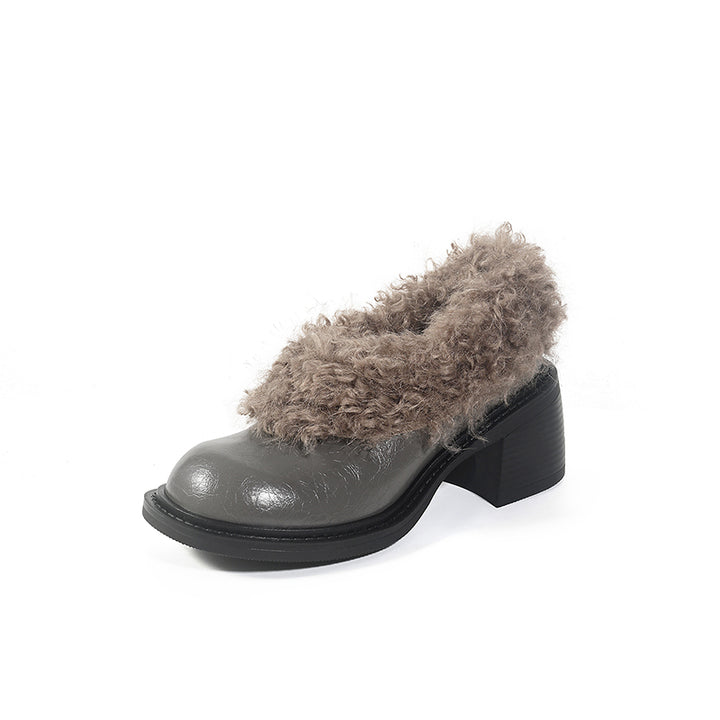 Mules en cuir de vache shaggy pour femmes, chaussures décontractées en fausse fourrure en gris/noir/beige