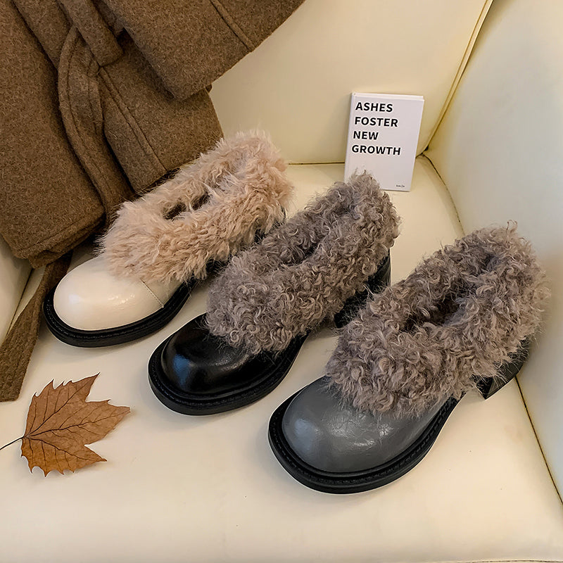 Mules en cuir de vache shaggy pour femmes, chaussures décontractées en fausse fourrure en gris/noir/beige