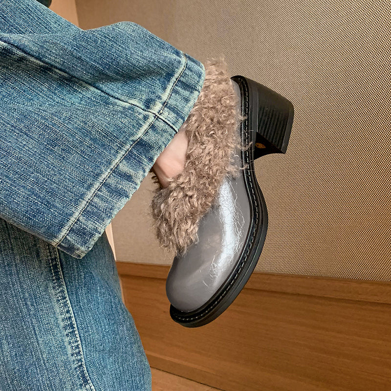 Mules en cuir de vache shaggy pour femmes, chaussures décontractées en fausse fourrure en gris/noir/beige