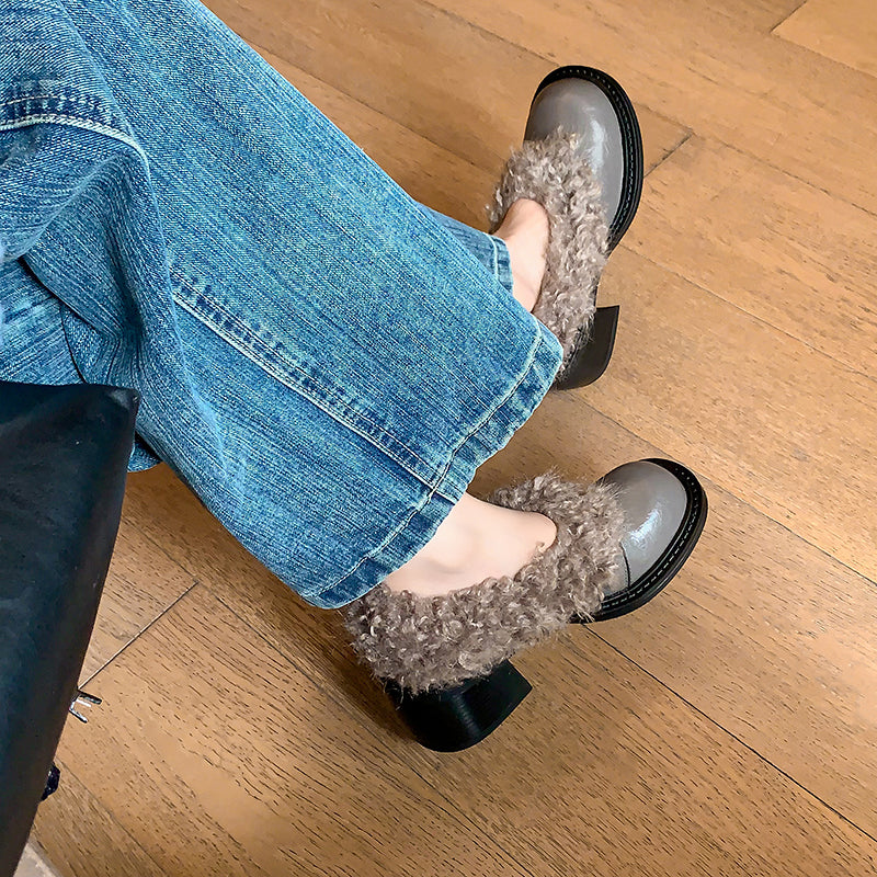 Mules en cuir de vache shaggy pour femmes, chaussures décontractées en fausse fourrure en gris/noir/beige