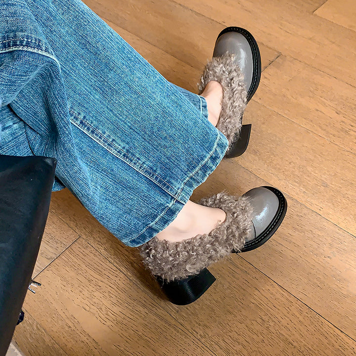 Mules en cuir de vache shaggy pour femmes, chaussures décontractées en fausse fourrure en gris/noir/beige