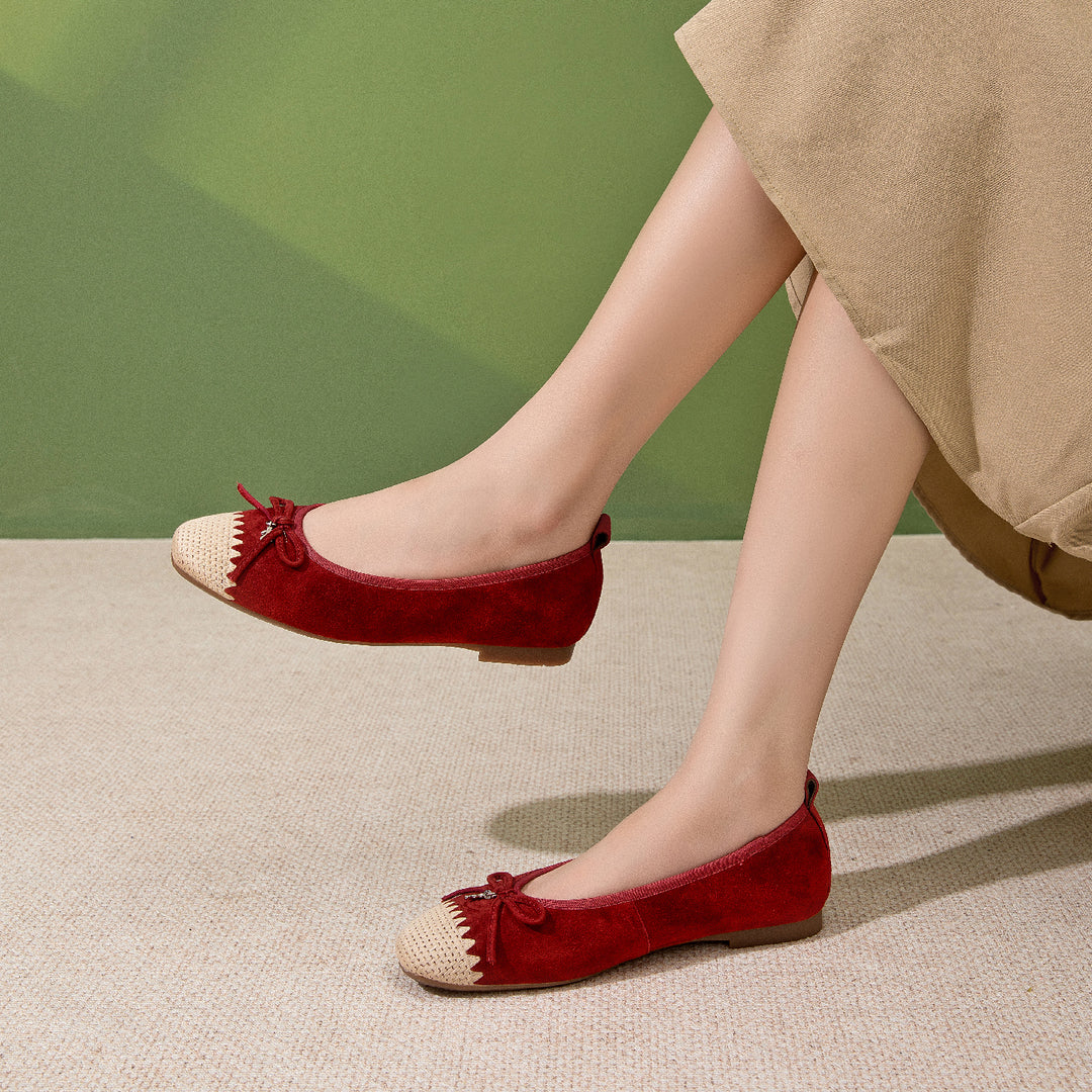 Mocassins en cuir suédé faits à la main, chaussures plates tissées vintage avec nœud en abricot/rouge