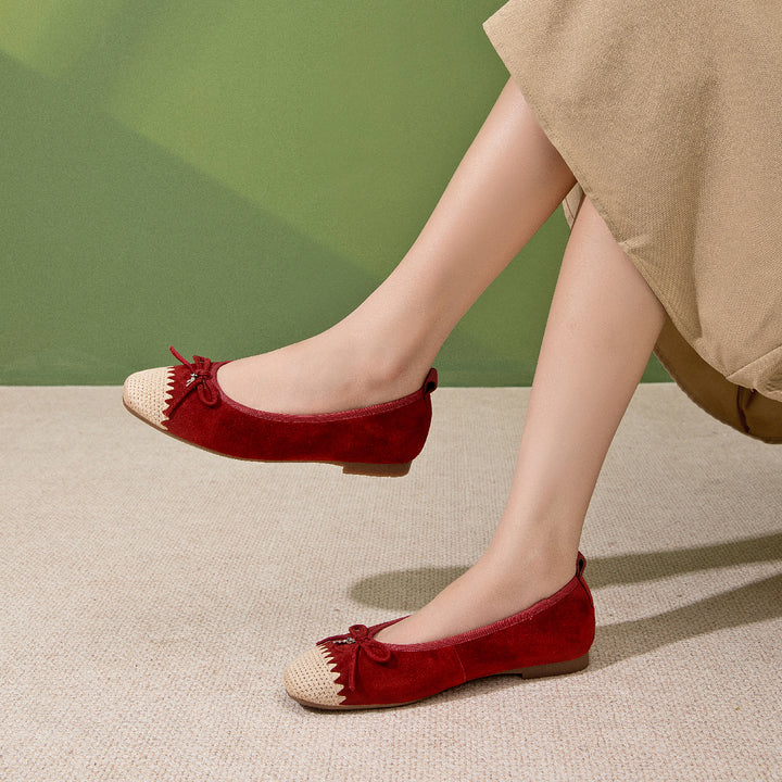 Mocassins en cuir suédé faits à la main, chaussures plates tissées vintage avec nœud en abricot/rouge