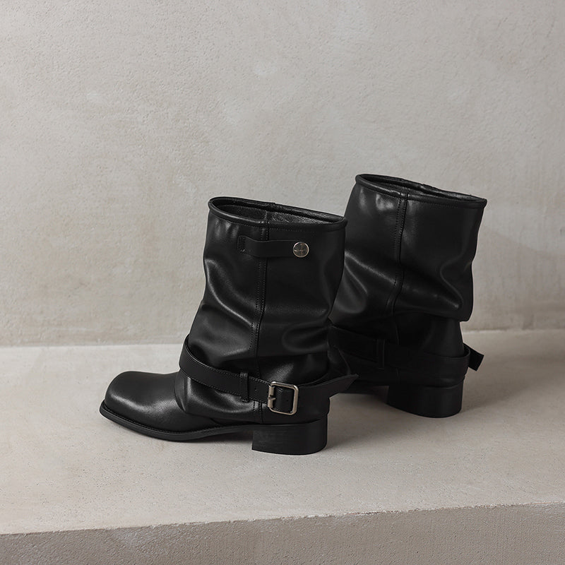 Fashion Square Toe Buckle Mid-Calf Motorcycle Boots Genuine Leather Slouch Boots in Black/Apricot