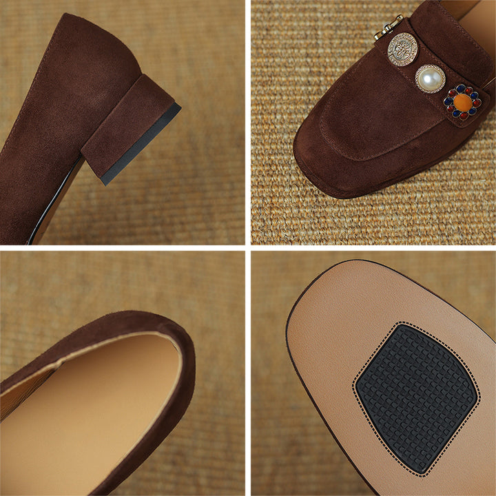 Suede Leather Loafers for Women Pearls Details Round Toe in Brown/Black