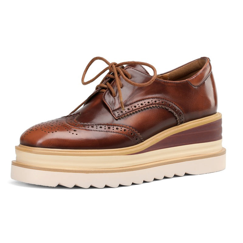 Women Round Toe Lace Up Leather Chunky Brogue Shoes Platform Oxfords in Brown/Red