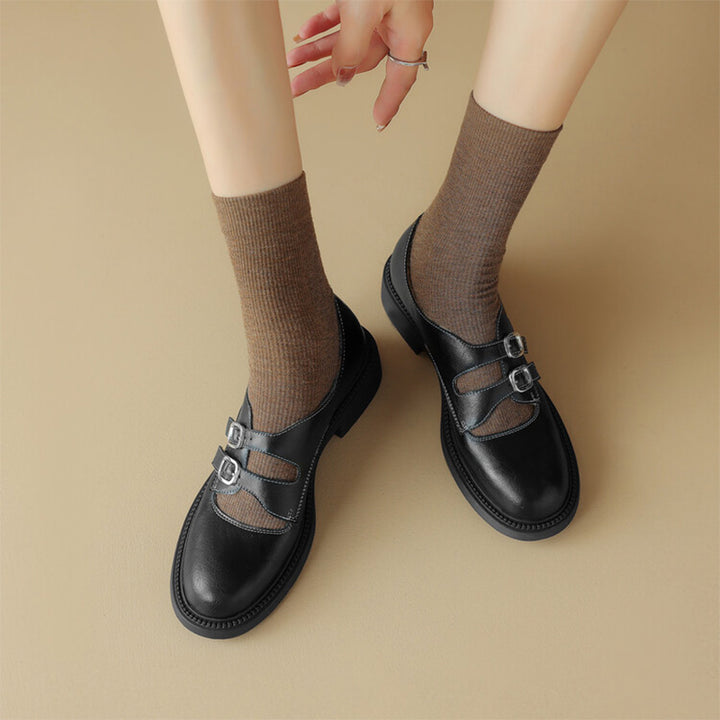 Vintage Handmade Cowhide Double Buckle Mary Jane Shoes in Brown/Black