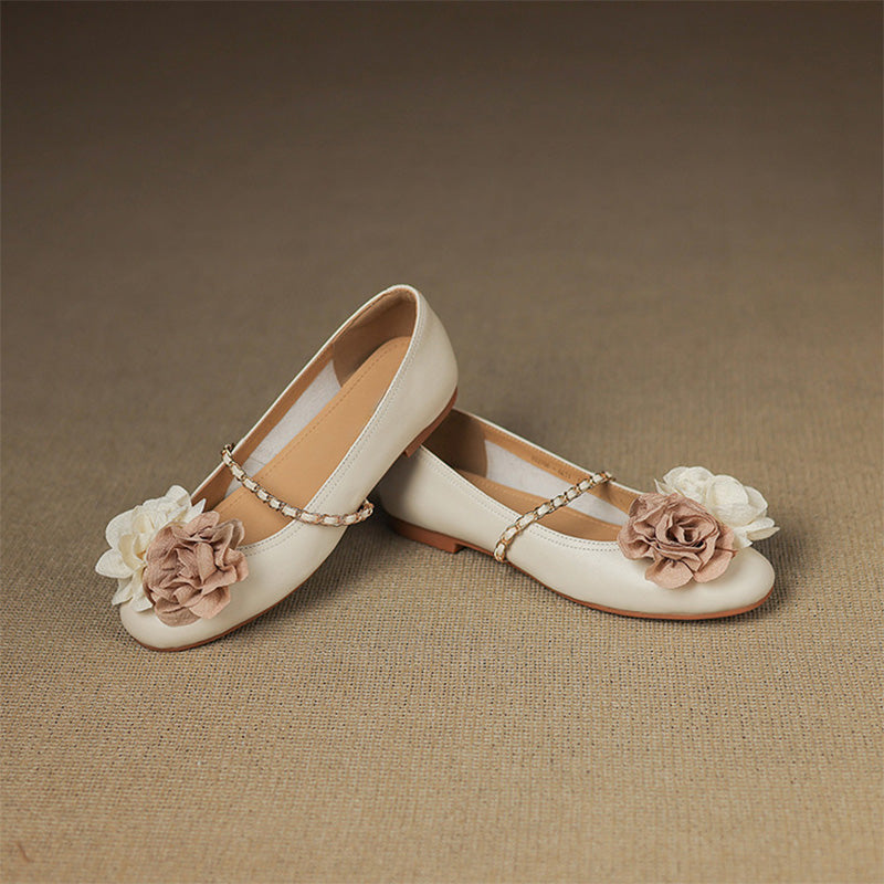 Ballerines Mary Jane élégantes en cuir de mouton avec détail de fleur en beige/argent