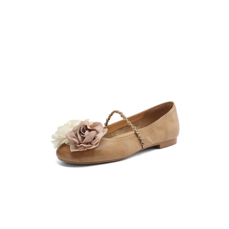 Ballerines Mary Jane élégantes en cuir de mouton avec détail de fleur en beige/argent