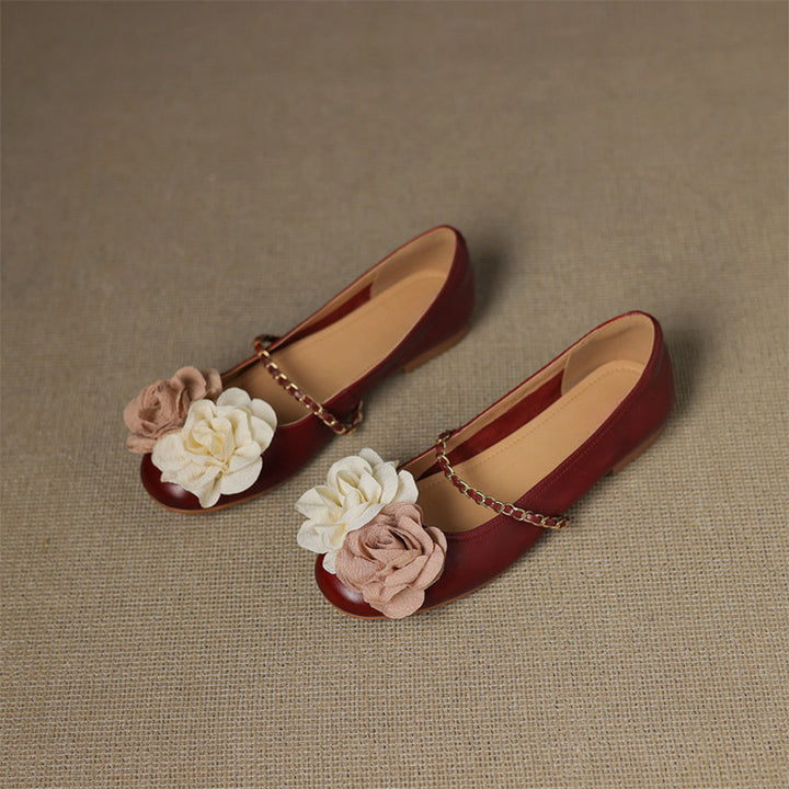 Ballerines Mary Jane élégantes en cuir de mouton avec détail de fleur en beige/argent