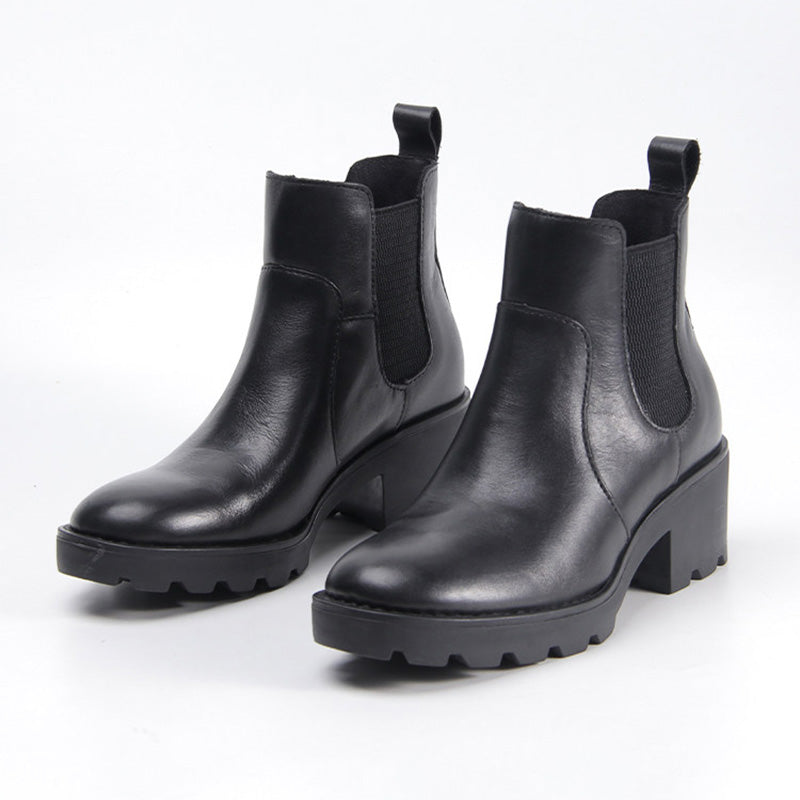 Vintage Chunky Chelsea Boots for Women Block Heel Leather Ankle Boots with Arch Support in Black