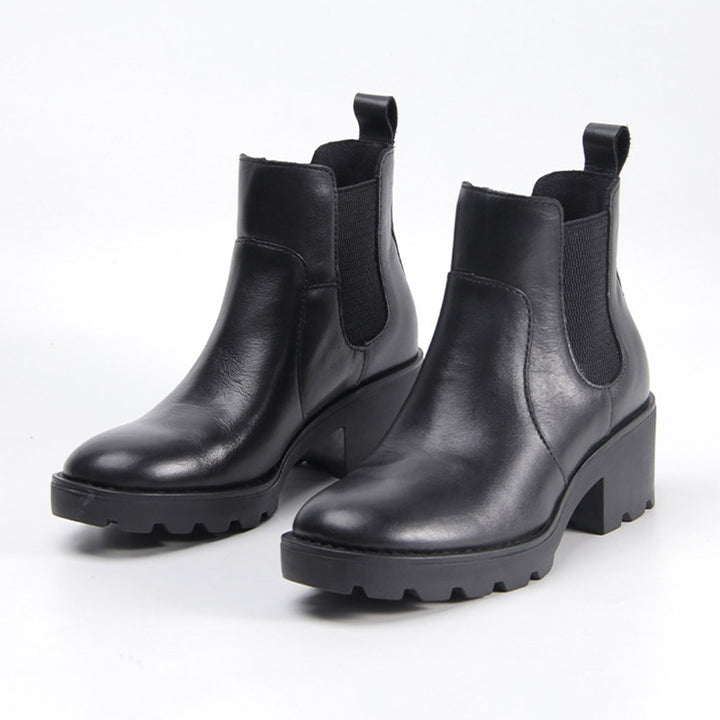 Vintage Chunky Chelsea Boots for Women Block Heel Leather Ankle Boots with Arch Support in Black