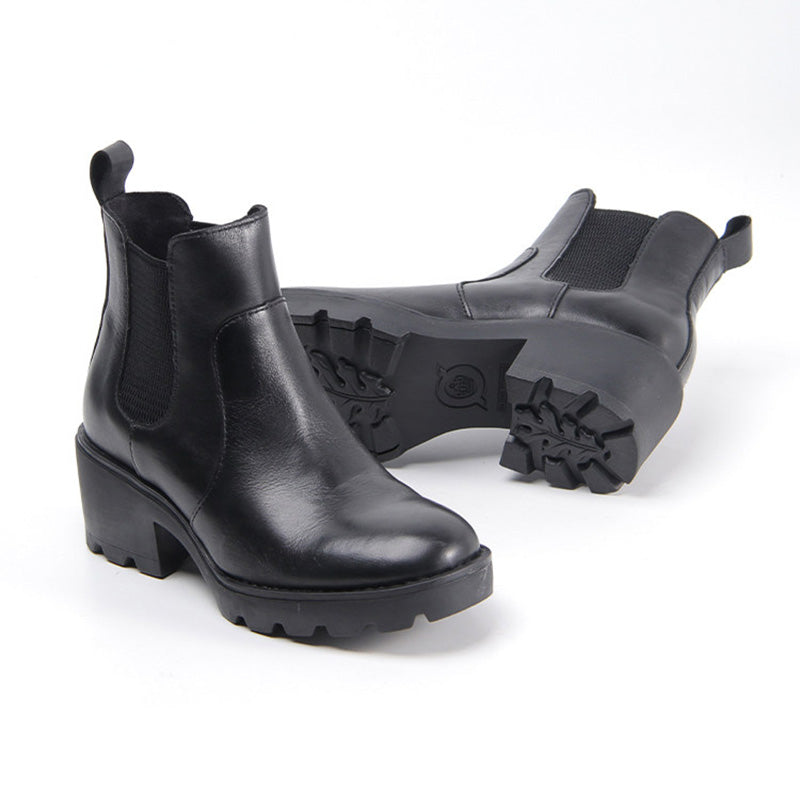 Vintage Chunky Chelsea Boots for Women Block Heel Leather Ankle Boots with Arch Support in Black