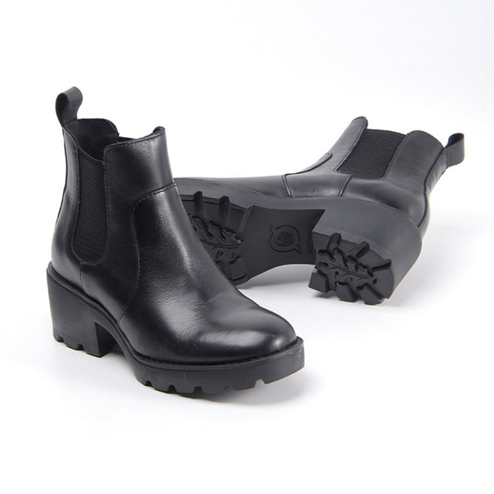 Vintage Chunky Chelsea Boots for Women Block Heel Leather Ankle Boots with Arch Support in Black