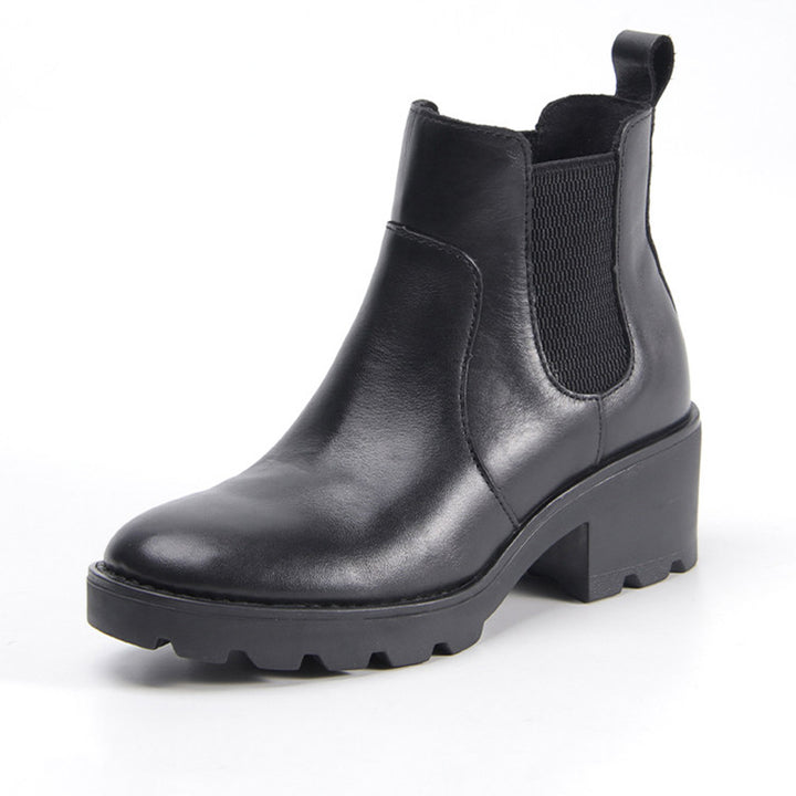 Vintage Chunky Chelsea Boots for Women Block Heel Leather Ankle Boots with Arch Support in Black