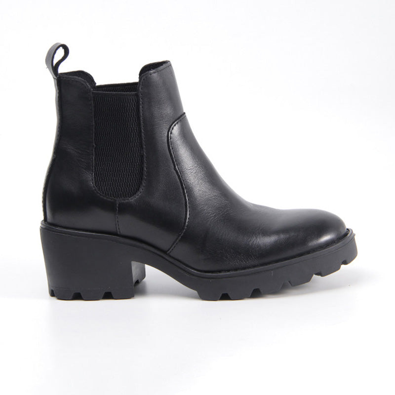 Vintage Chunky Chelsea Boots for Women Block Heel Leather Ankle Boots with Arch Support in Black