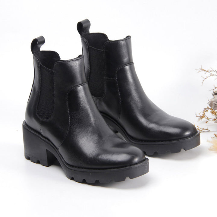 Vintage Chunky Chelsea Boots for Women Block Heel Leather Ankle Boots with Arch Support in Black