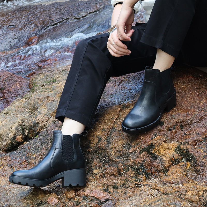 Vintage Chunky Chelsea Boots for Women Block Heel Leather Ankle Boots with Arch Support in Black