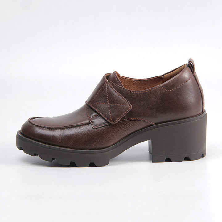 Mocassins chunky à sangle Velcro style britannique en cuir de vache décontractés avec soutien de la voûte en marron clair/noir
