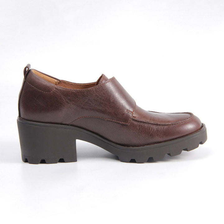 Mocassins chunky à sangle Velcro style britannique en cuir de vache décontractés avec soutien de la voûte en marron clair/noir