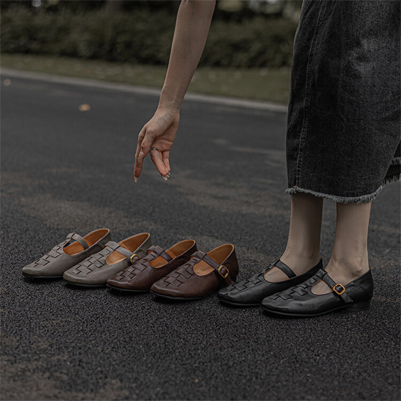 레트로 우븐 가죽 T 스트랩 커피/블랙 메리 제인 슈즈