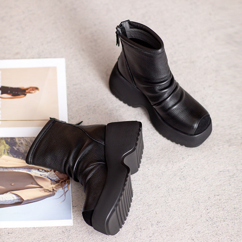 Bottes en cuir à talon épais de 70 mm faites à la main pour femmes - Collection automne en noir/marron