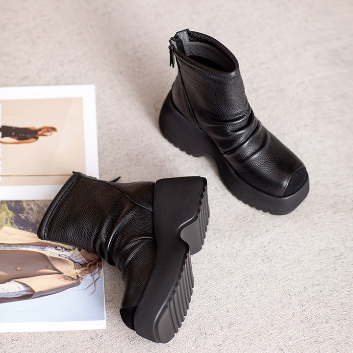Bottes en cuir à talon épais de 70 mm faites à la main pour femmes - Collection automne en noir/marron