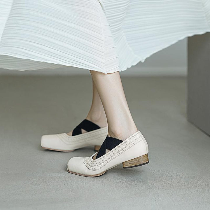 Handmade Horse Leather Square Toe Cross Straps Mary Jane Ballet Flats with Brogue Design in Black/Grey/White