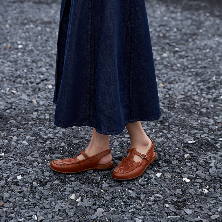 Sandales mules T-Strap en cuir vintage, tissées à la main, à bout fermé, chaussures de pêcheur à glissière en caramel/noir