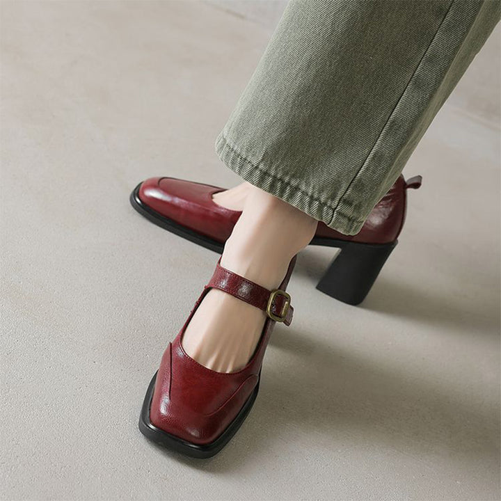 Vintage Classic Sheepskin Square-Toe Mary Jane Shoes in Black/Wine Red