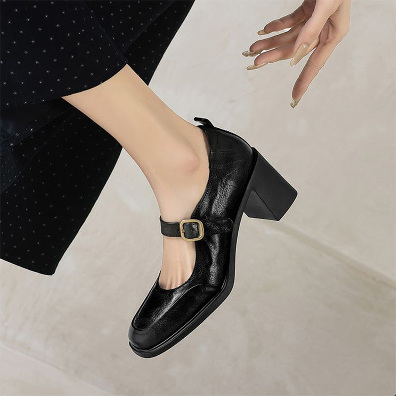 Vintage Classic Sheepskin Square-Toe Mary Jane Shoes in Black/Wine Red
