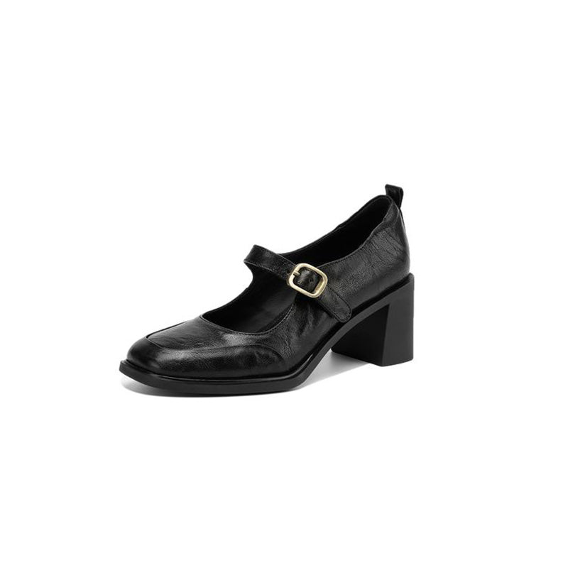 Vintage Classic Sheepskin Square-Toe Mary Jane Shoes in Black/Wine Red