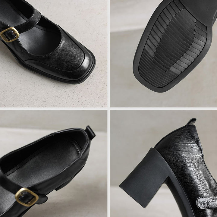 Vintage Classic Sheepskin Square-Toe Mary Jane Shoes in Black/Wine Red