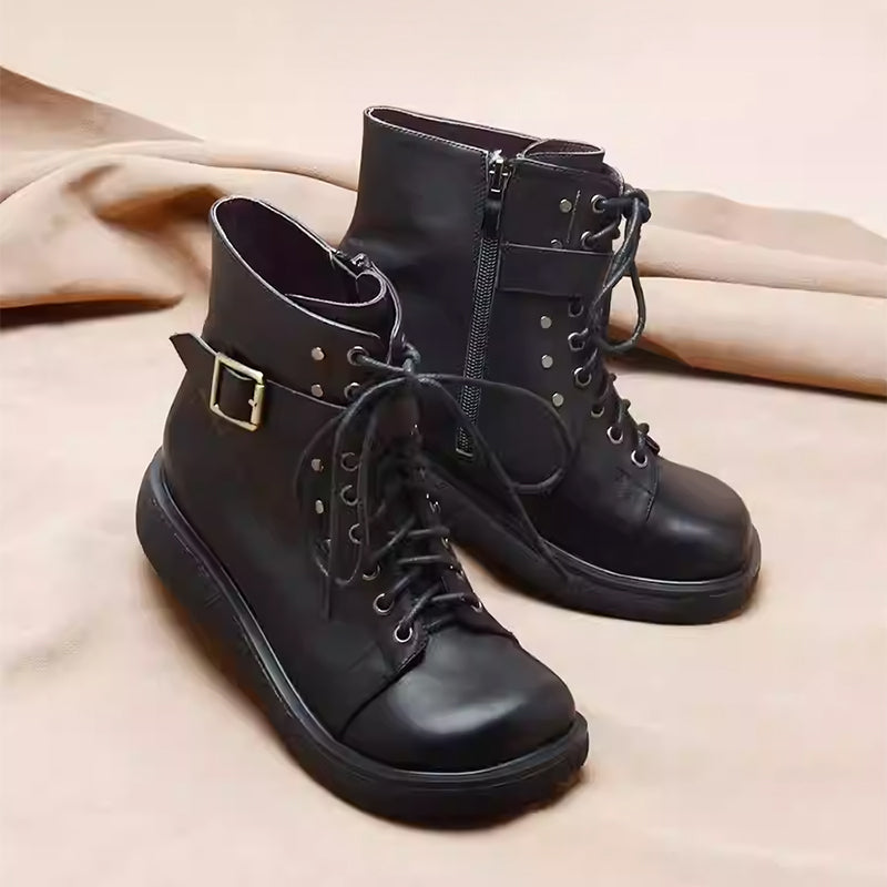 Custom Color Handmade Leather Platform Short Boots for Women Retro Combat Boots in Black