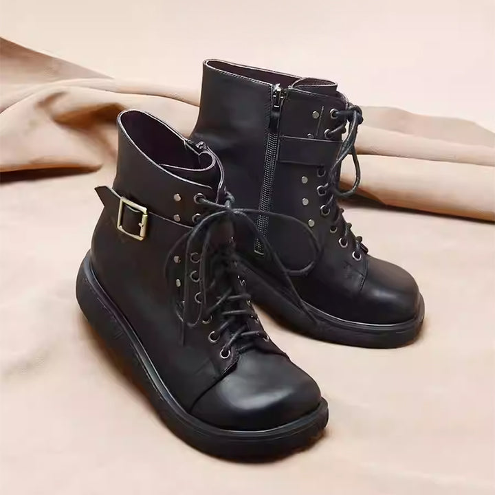 Custom Color Handmade Leather Platform Short Boots for Women Retro Combat Boots in Black