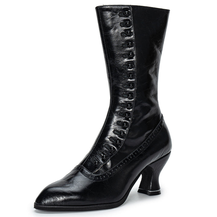 Bottes à boutons edwardiennes vintage pour femmes, bottes brogue en cuir souple mi-mollet en noir et blanc/noir