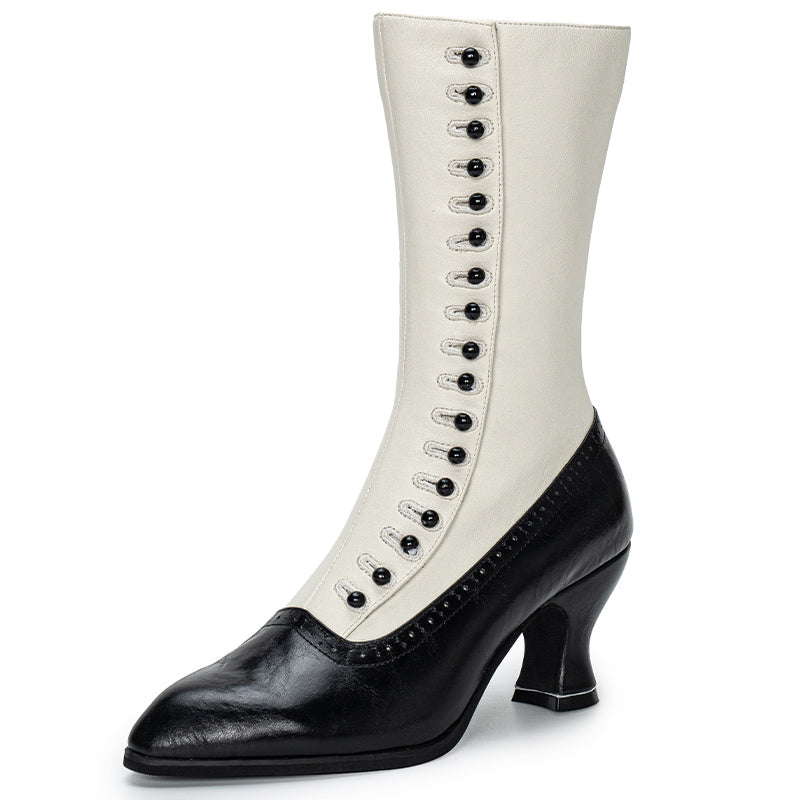 Bottes à boutons edwardiennes vintage pour femmes, bottes brogue en cuir souple mi-mollet en noir et blanc/noir