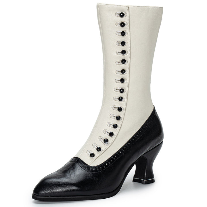 Bottes à boutons edwardiennes vintage pour femmes, bottes brogue en cuir souple mi-mollet en noir et blanc/noir