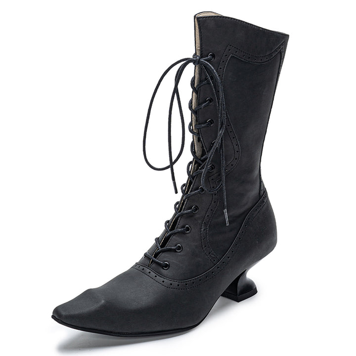 Bottes mi-mollet gothiques victorien à lacets faites à la main pour femmes, bottes de sorcière en cuir mat en noir