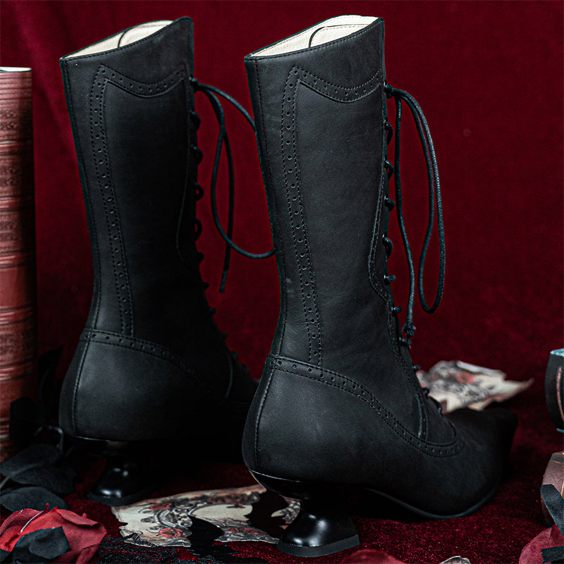 Bottes mi-mollet gothiques victorien à lacets faites à la main pour femmes, bottes de sorcière en cuir mat en noir