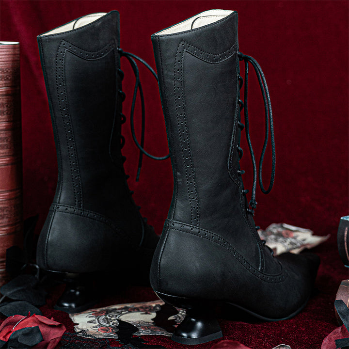 Bottes mi-mollet gothiques victorien à lacets faites à la main pour femmes, bottes de sorcière en cuir mat en noir